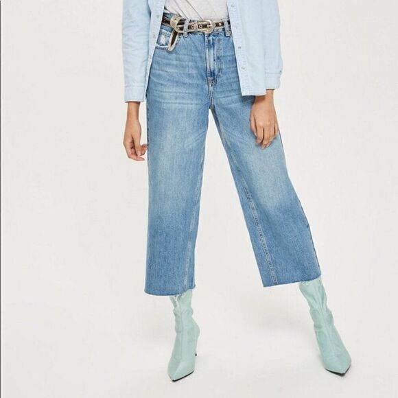 TopShop Moto Wide Leg Raw Hem Crop Jeans 28 Light Wash - Picture 1 of 6